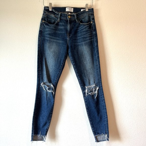 FRAME Denim Le High Skinny Distressed Raw Hem Jean Endover Road Blue Size 26 - Picture 1 of 10